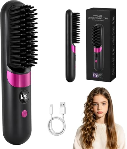 Cepillo Alisador Pelo Inalámbrico Portátil, Mini Plancha Pelo Cerámica con 4Temperaturas, Calentamiento Rápido Anti-Escaldado, Cepillo Alisador para Viaje y Todo Tipo de Cabello No Frizzing