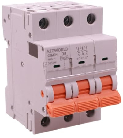 Disjoncteur magnétothermique triphasé 3P 63A C63, MCB courbe C 10kA, 3 modules DIN 400 V, série professionnelle GYM9H, couplé avec bobine de déverrouillage GA01231 GA01232