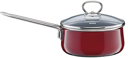 Riess, 0730-008, Stielkasserolle mit Glasdeckel Ø 16cm, ROSSO, Emaille, Vol. (rec.): 1,3 Liter, Made in Österreich, LBH: 32,9x17,6x14,4cm, 1,332kg, Induktionskocher kompatibel, Gasherd geeignet