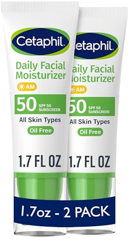 Cetaphil Daily Facial Moisturizer SPF 50, 1.7 Fl Oz (Pack of 2), Gentle Facial Moisturizer For Dry to Normal Skin Types, No Added Fragrance, Dermatologist Recommended (Packaging May Vary)
