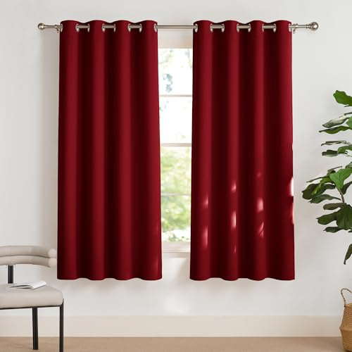 PONY DANCE Wohnzimmer Vorhang Blickdicht Kurz Thermogardine gegen Hitze | 2er Set, H175 x B140 cm, Rot, Verdunklungsvorhänge, Hitzeschutz, Sichtschutz, UV-Schutz, Kurz, mit Ösen, für Schlafzimmer