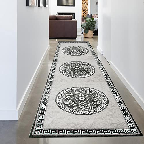 CARPETIA Tapis Oriental avec Bordure & Fil Scintillant | Oeko-TEX | crème Gris 80 x 300 cm