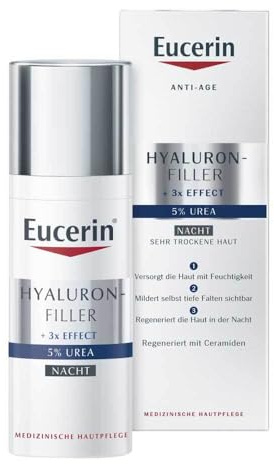 Eucerin Hyaluron-Filler + 3x Effect 5% Urea Nachtpflege 50 ml, Gesichtscreme regeneriert die Haut im Schlaf, feuchtigkeitsspendende Nachtcreme mit Urea, Hyaluronsäure und Ceramide