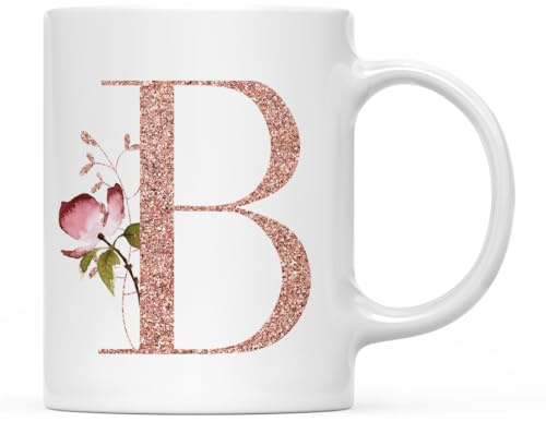 Andaz Press 11oz. Coffee Mug Gift, Pink Watercolor Roses with Faux Rose Gold Glitter Monogram Letter B, 1-Pack, Includes Gift Box, Christmas Birthday Mother's Day Graduation Coworker Present Ideas