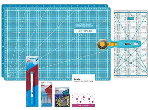 SEMPLIX Patchwork Starter Set with Cutting Pad (A3), Rotary Cutter Maxi, Ruler + Prym Sewing Needles, Pins & Trick Markers Turquoise/petrol