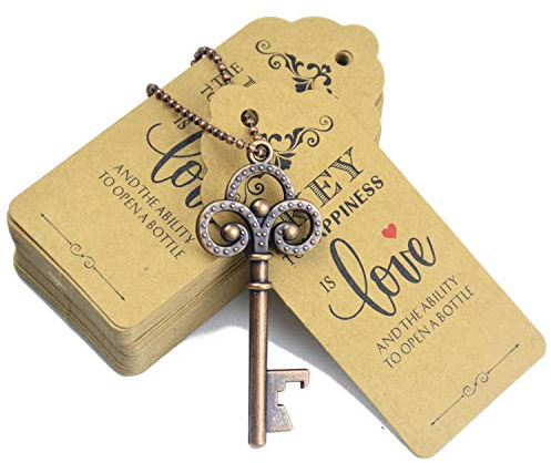 Aokbean 52pcs Small Vintage Skeleton Key Bottle Opener Party Favor Wedding Favor Guest Souvenir Gift Set with Escort Thank You Tag Card and Keychain (Antique Copper)
