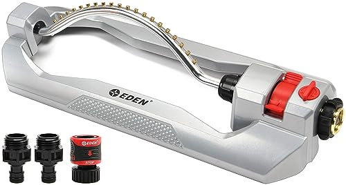 Eden 94115 Aspersor oscilante de Metal de 2 vías para césped y jardín con Juego de Inicio de conexión rápida, 20 boquillas de latón, Cubre hasta 4,300 pies Cuadrados
