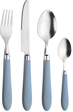 Prima Collection - Série Daisy - Ensemble de 24 couverts en acier inoxydable, sans nickel, avec poignée de couleur : bleu, avec boîte cadeau
