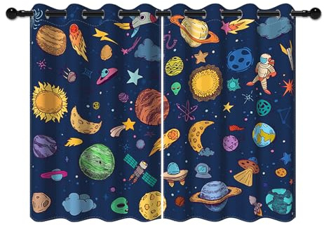 YONGFOTO 117x138cm Cartoon Muster Verdunkelungsvorhänge Astronaut Rakete Sterne Kosmische Galaxie Planeten Sonnensystem für Wohnzimmer Kinderzimmer Fenstervorhänge, 2 Paneele mit Öse
