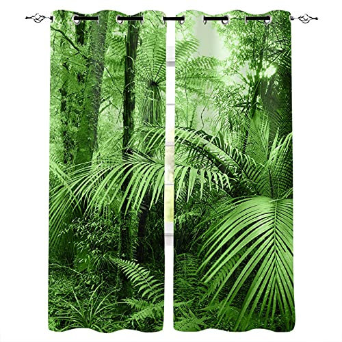 LKCD 100% Blickdichter Vorhang Mit Ösen, Grün Dschungel Pflanzen Bäume 2 Stück, Verdunkelungsvorhang Verdunkelungsvorhang Mit Blickdichten Farben, Gardinen, Blickdicht Für Das Wohnzimmer 140X160CM