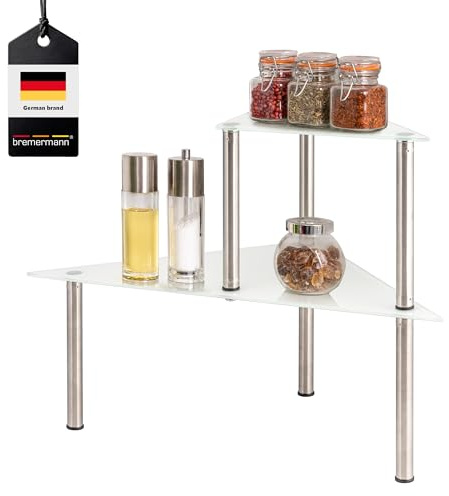 bremermann Glas-Eckregal, Küchenregal mit Glasplatten und Edelstahlfüßen (Weiß)