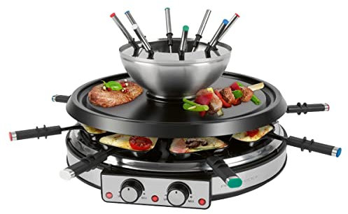 ProfiCook - Juego de fondue para 8 personas, 2 en 1, parrilla eléctrica para raclette con espátula, tenedores de piedra natural, también para fondue de queso y fondue de chocolate, RG/FD 1245