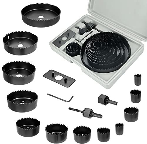 18 Pcs Hole Saw Set, 3/4 to 5 (19-127mm) Hole Saw with 2 Mandrels, 1 Installation Plate, and 1 Hex Key, for Wood, Plastic, PVC, and Drywall