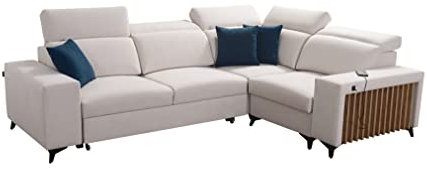 All4All Ecksofa mit Schlaffunktion Alicante II - Sofa mit Bettkasten - Verstelbaren Kopfstützen - Schlafsofa - L-Form - Couch - Eckcouch - mit Lamellen - Beige 26 (Seite RECHTS)