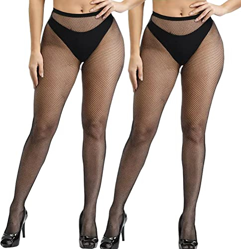 Fohevers Dam nätstrumpor hög midja fisknät tights kontroll topp staket nät leggings strumpbyxor för halloween cosplay dans, S Net-2-pack, en storlek