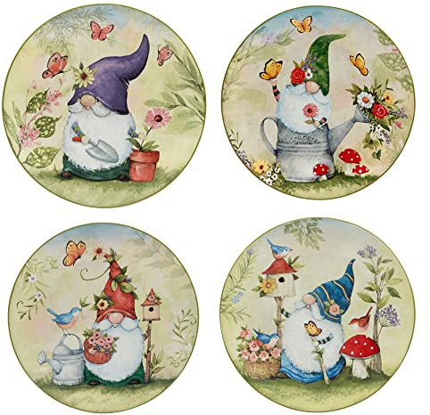 Certified International 29076SET4 Gartenzwerge Garden Gnomes Salat-/Dessert-Teller, 22,9 cm, Verschiedene Designs, 4 Stück, Keramik, Mehrfarbig