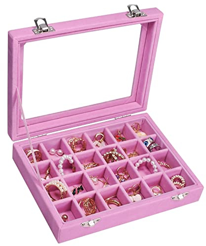 Vicoter Velvet Jewelry Box 24 Grid Jewelry Ring Display Organiser Box Tray Holder Earrings Storage Case for Girls Wife Mom Women (Pink)