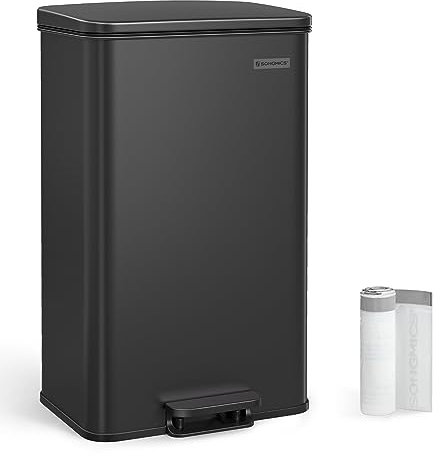 SONGMICS Mülleimer Küche, 40 Liter Abfalleimer, großer Tretmülleimer, mit Deckel, aus Stahl, Softclose, inklusive 15 Müllbeutel, schwarz LTB540B4002
