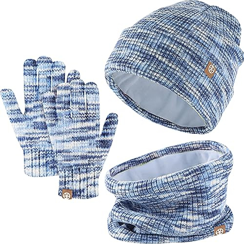 Baynetin Winter Beanie Hut, Schal, Handschuhe Set,Kinder Wintermütze Schal Handschuhe Set, Mütze Warme Beanie Hut Jungen Touchscreen Handschuhe Runder Schal Set für 5-12 Jahre