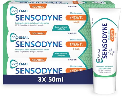SENSODYNE - Dentifrice Enfant Pro-Email - 0/6 Ans - Protège Les Dents de Lait Contre les Caries - Fortifie L'Emal En Douceur - 95 % Ingrédients Origine Naturelle - Goût Menthe Douce - Lot 3 x 75 ml
