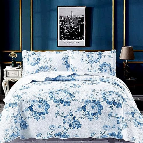 OZMIC Patchwork Quilt Bedspread Super King Size - 3 Pcs Box Pattern Thick Cotton Filling Bed Warmer Large Blanket Bed Spread With Quilt Fabric 2 Pillowcase - Vintage Floral Blue