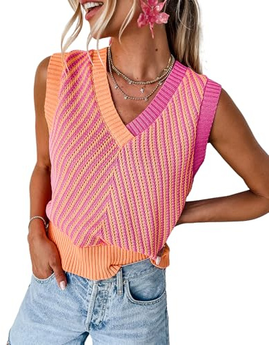 MARZXIN Women Sleeveless Sweater V Neck Casual 2025 Fall Knitted Chevron V Neck Sweater Vest Color Block Pullover Sweater Top Strawberry Pink M