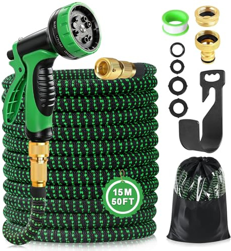 Expandable Garden Hose 15m 50ft, Flexible Hosepipe 10 Function Spray Nozzle, Water Hose with 3/4 1/2 Tap Connectors, Lightweight Expanding Hose Pipe Magic Hose for Gardening Patio Car Washing