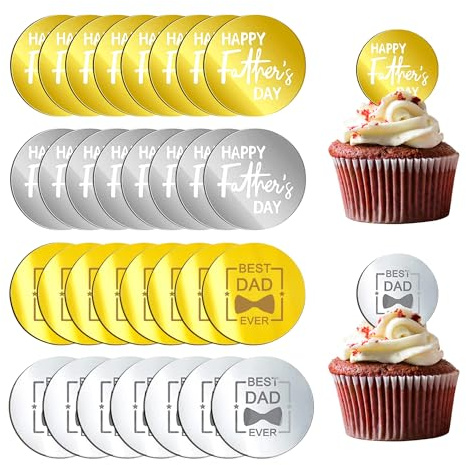 Happy Father’s Day Cupcake Toppers 32PCS Round Mirror Engraved Cake Topper Cupcake Decorations for Birthday Party