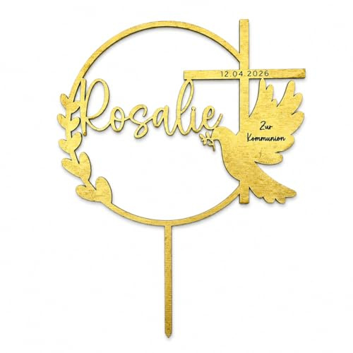 Birdart Box® Taufe, Konfirmation, Kommunion Tortenstecker mit Namen – personalisierter Tortenstecker aus umweltfreundlichem Holz, stabiler Cake Topper 15cm Durchmesser (Gold)