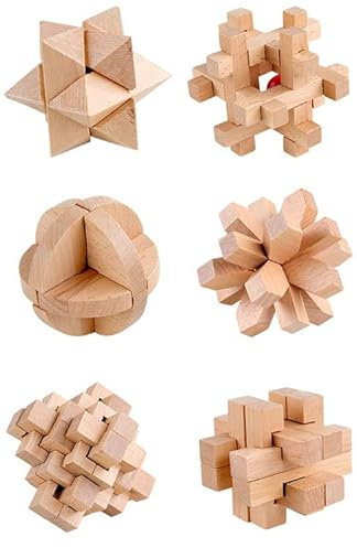 Wooden Brain Teaser Puzzles - Set of 6 3D Wood Puzzle Games for Adults & Teens - IQ Test Logic Puzzles - Mind Bending Cube Jigsaw Interlocking Burr Puzzles