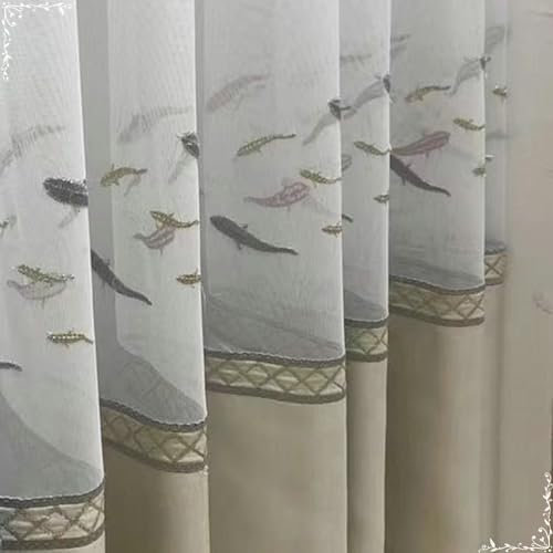 Gardinen für Schienensystem, Vorhänge Weiß Beige 2er Set mit Haken 137x229CM mit Fische Motiv Nordisch Gardinenschals Halbtransparent für Wohnzimmer Schlafzimmer Küche