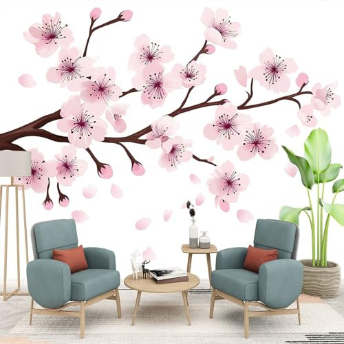 Generico Carta da parati fotografica per bambini, ramo di fiori di pesco, tessuto non tessuto, sfondo per TV, decorazione da parete - 150 x 105 cm
