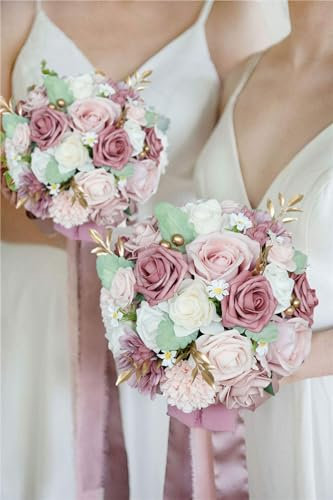 Hochzeitssträuße, Brautstrauß 9,4 Zoll Braut Altrosa, Künstliche Rosen Blumen Hochzeitsblumen, Brautjungfern Blumen for Zeremonien Sträuße werfen