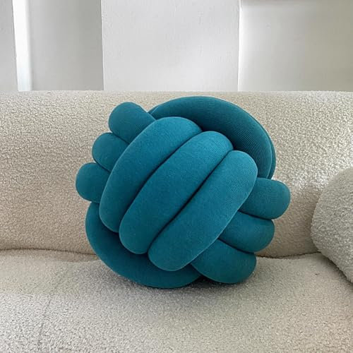 Knotenballkissen, 11 Zoll weiches rundes Wurfkissen, handgefertigtes Plüsch-Wurfkissen, Heimdekorationskissen für Sofa, Bett, Couch, Bodendekoration(Peacock Blue,L)