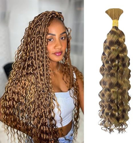 Vattenvågigt bulkhår för flätning 1 bunt 100 % obearbetat brasilianskt jungfruhår boho flätor, människohår för flätning utan väft, karamell honungsblond 50 g 16 tum