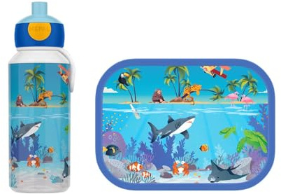 Mepal - Pausenset Campus - Set für Kinder mit Pop-up Trinkflasche & Lunch Box - Lunch-Set für die Schule oder unterwegs - Spülmaschinenfest - 400 + 750 ml - Tropical Ocean