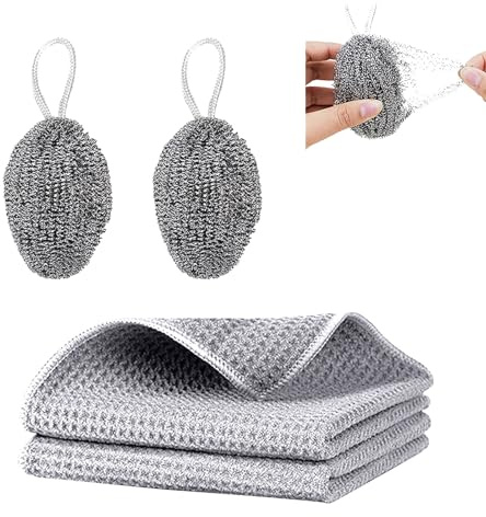 HSYTEK 2 Stück Reinigungstücher und 2 Stück Aufhängen Stahlschwamm, Wiederverwendbar Edelstahl Schwamm, 30 * 30cm Kratzfestes Spüllappen, Reinigungsschwamm für Herde, Töpfe, Dunstabzugshauben