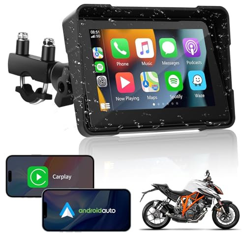 Gerbala 5 pollici Wireless CarPlay & Android Auto Schermo per Moto Schermo Portatile IPS Touch Screen Bluetooth/GPS/Controllo vocale IP67 Impermeabile Supporto Siri/Google Assistant