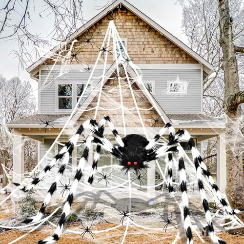 iZoeL Decoration Halloween Exterieur Effrayante Araignée Géante 2 m Toile d'Araignée 7 m avec 30 Mini-araignées 40 g Toile de Soie, Halloween Deco Interieur/Exterieur/Maison Hantée/Jardin/Clôture