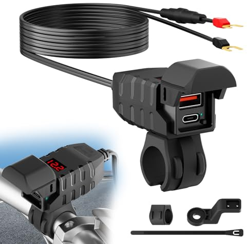 Enchufe USB de 54 W para motocicleta, cargador impermeable para motocicleta con medidor de voltaje LED, protección contra cortocircuitos y sobrecarga, 18 W QC 3.0 USB-A y 36 W PD 3.0 Type-C enchufe