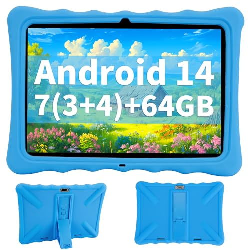 Veidoo Barnsurfplatta - 10,1 tums IPS ögonvårdsskärm, 7 GB (3+4) RAM 64 GB ROM 512 GB utbyggbar, dubbel kamera, WiFi 6, Octa-Core föräldrakontroll surfplatta levereras med silikon