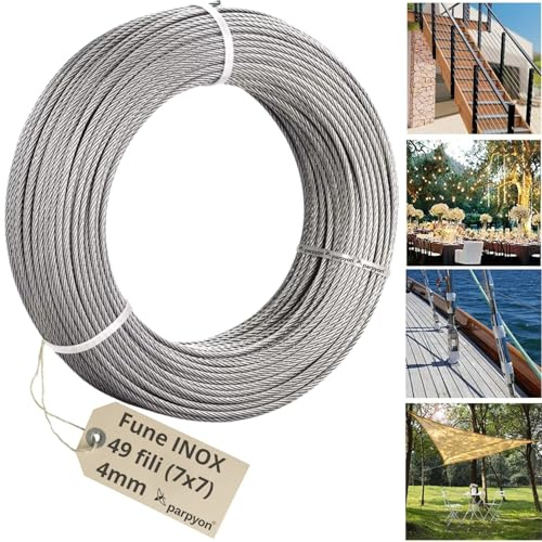 Parpyon Fune Acciaio INOX Per Esterno A 49 Fili cavo acciaio AISI 316 Antiruggine filo metallico per sospensioni, luci, recinzione lavori di fai da te giardino (10, 4 mm)