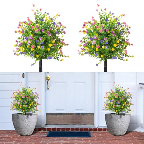 JOYWU Outdoor Artificial Flowers with Ground Spikes,2 Pcs Artificial Boxwood Topiary Ball Tree with Flowers for Cemetery Porch Garden Decor,UV Resistant Plastic Greenery Shrubs Plants,50cm (colorful)