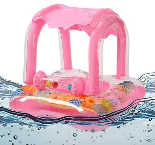 Baby Pool Float - Lightweight Baby Float with Canopy | Portabble Inflatable Toddler Swim Aid | Babyy Swimming Pool Floating Bed | Lifebuoy Bell Sunshade Seat Ring for Kids