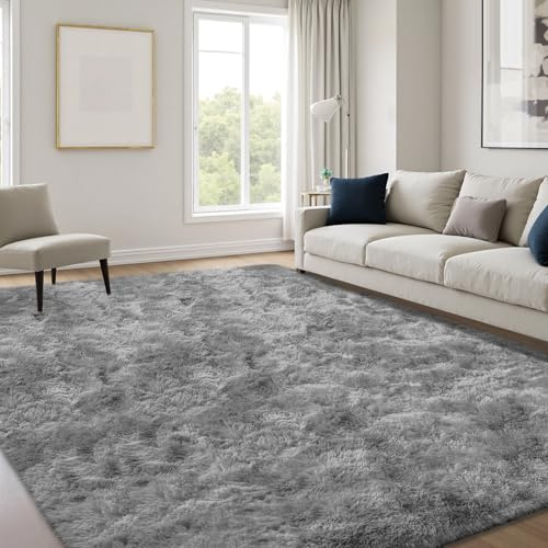 JOYARR Hochflor Wohnzimmer Teppich, Flauschig Waschbar rutschfest Moderne Teppiche für Schlafzimmer Büro Esszimmer Kinderzimmer Spielzimmer, 120x170 cm, Tie Dye Hellgrau