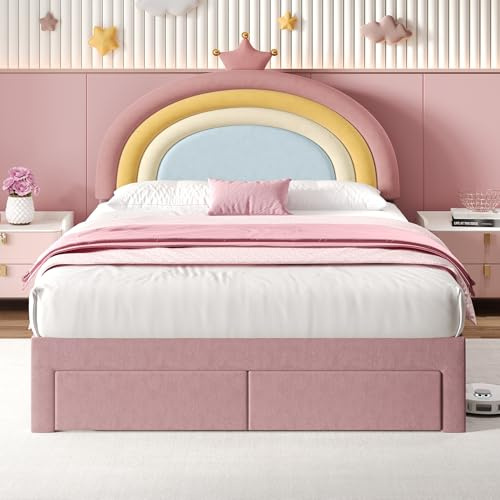 4ft6 Double Bed Frame with Storage Drawers, Velvet Upholstered Platform Bed with Adjustable Rainbow Headboard & Wooden Slats Support/No Box Spring Needed, Youth Beds for Adult Kids Teenagers, Pink
