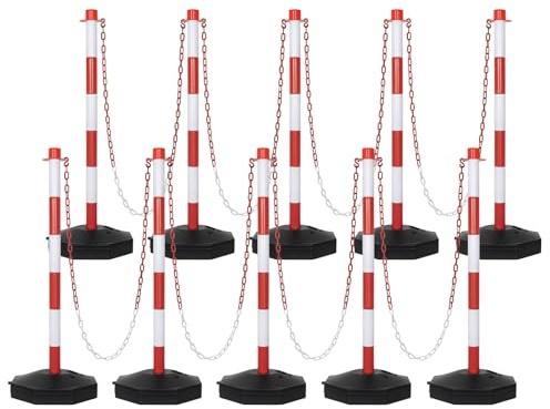 SHAREWIN 10 Pack 35'' Parking Delineators Post, Traffic Cone Safety Stanchion with Base & 5FT Link Chain - Red and White Striped Chain Barriers for Parking Lot, Driveway, Road Construction