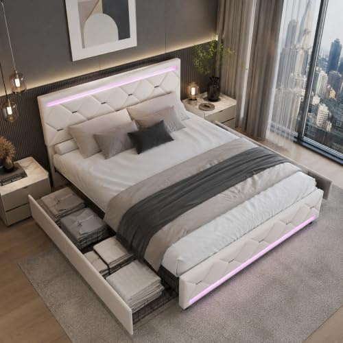 Bett 140 x 200 cm mit Lattenrost LED und USB, gepolstertes Doppelbett mit 4 Schubladen, gepolstertes Bett mit großem Stauraum, Litss mit Schubladen für Erwachsene und Jugendliche (Beige-D, 140 x 200