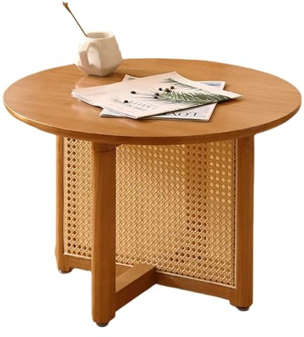 Tavolino rotondo da salotto in legno con supporto a croce intrecciato a mano in rattan, finitura ciliegia, 59,9 x 60 x 39,9 cm, arredamento elegante e per la casa