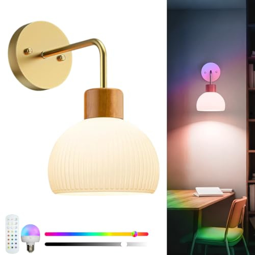 DTSDWA LED Wandleuchte Ohne Stromanschluss E27 - Kabellose Akku Wandlampe mit Fernbedienung, RGB Farbwechsel & Timer, Gold-Holz-Glas Design, Wiederaufladbare Flurlampe für Wohnzimmer Schlafzimmer